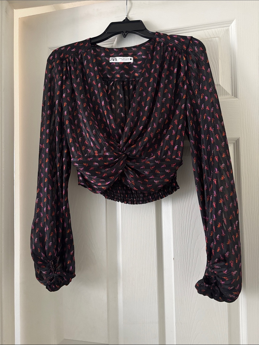 Zara Black Twist-Front Cropped Blouse with Pink Print